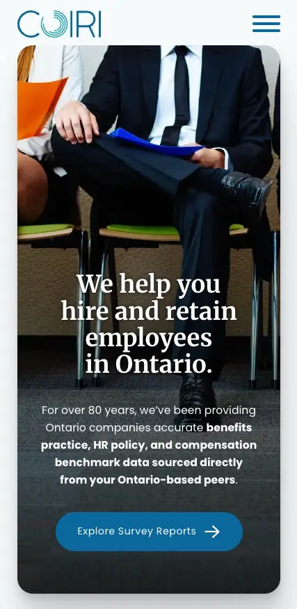 Business professionals sit on chairs with resumes in hand. The text overlay reads, "We help you hire and retain employees in Ontario," with company details and a button to explore survey reports below. - Victoria website design