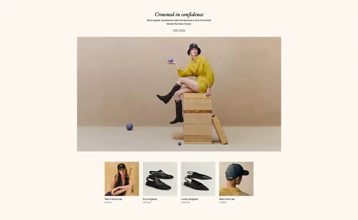 A woman in a yellow shirt, black boots, and hat sits on stacked wooden boxes, holding a blue ball—highlighting website design creativity. Product images below display a black cap, slingback shoes, and the cap's back view. - Victoria website design