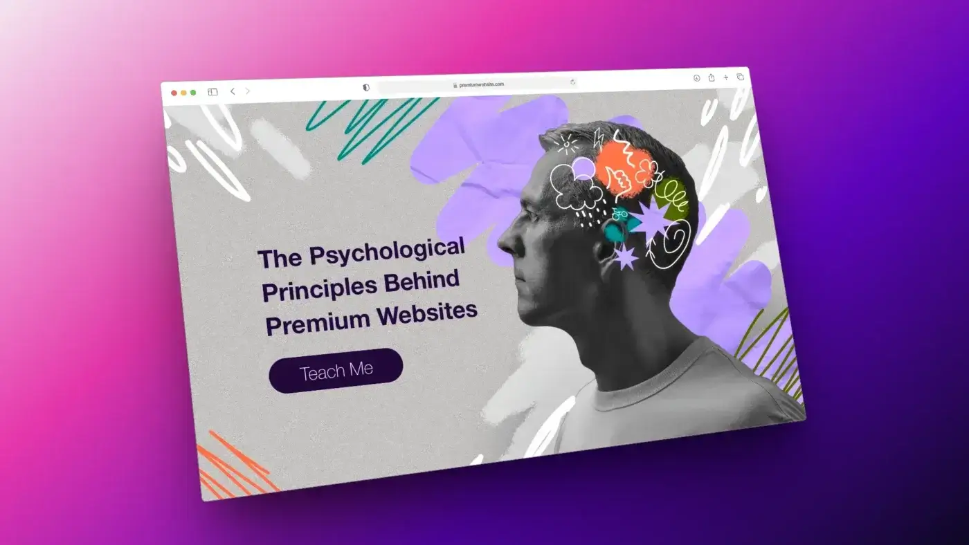 A website mockup shows a grayscale profile of a man with colorful, abstract shapes around his head. Text reads, "The Psychological Principles Behind Premium Websites & User Experience." Below is a purple button labeled "Teach Me. - Victoria website design