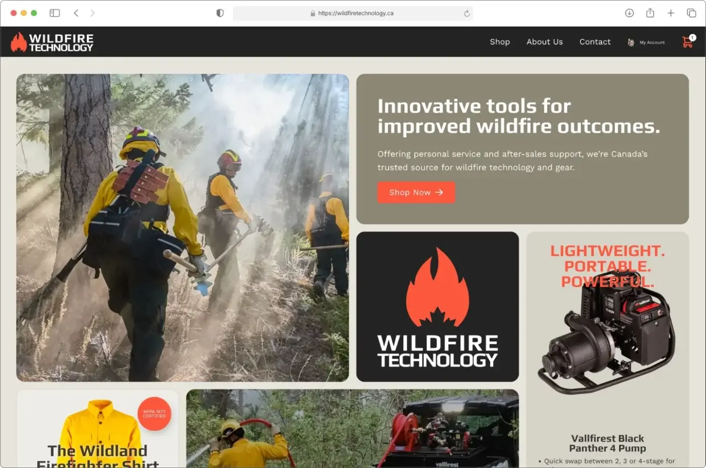 Wildland firefighters in yellow gear walk through a smoky forest. Promo banners highlight wildfire technology equipment, a company logo with a flame, and navigation links for shopping, company info, and contact. - Victoria website design